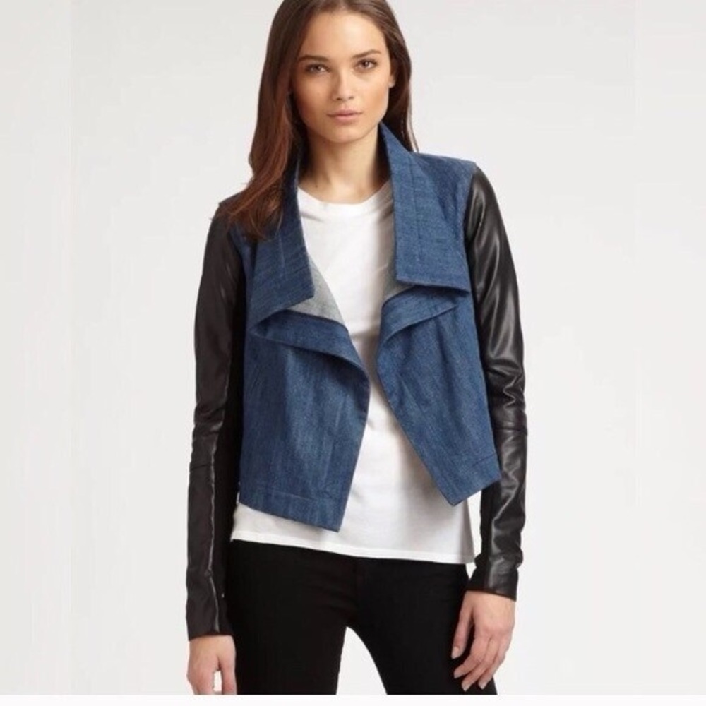 Veda Blue Denim Draped Jacket with Leather Sleeves